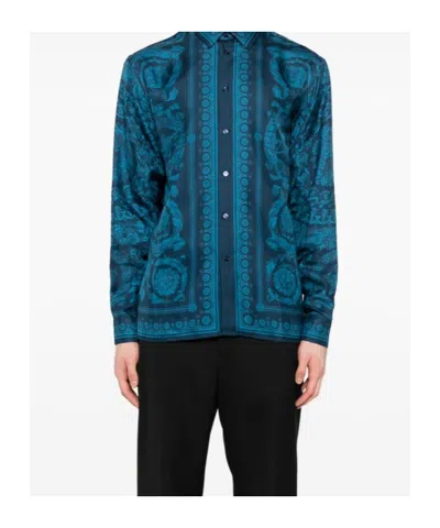 Versace Informal Shirt Silk Twill Fabric Barocco 92 Print Shirts Blue In Blue
