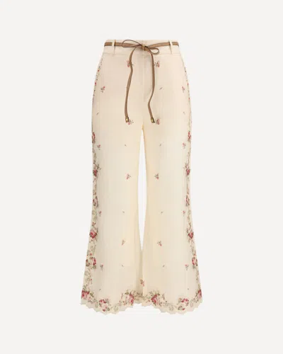 Zimmermann Patience Floral Linen Flared Pants In White