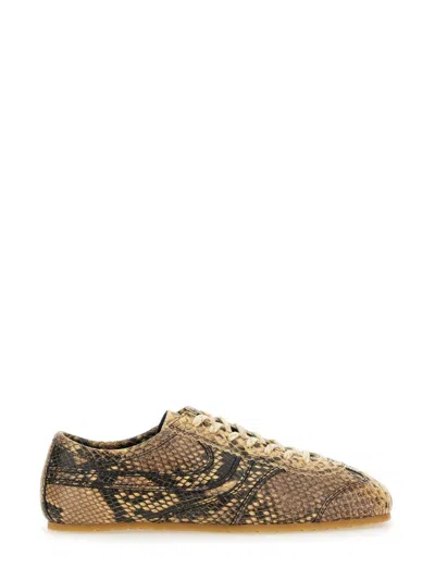 Dries Van Noten White Calf Leather Sneaker With Refined Silhouette In Animal Print