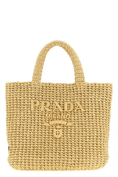 Prada Raffia Shoulder Bag Featuring Woven Texture In Sand