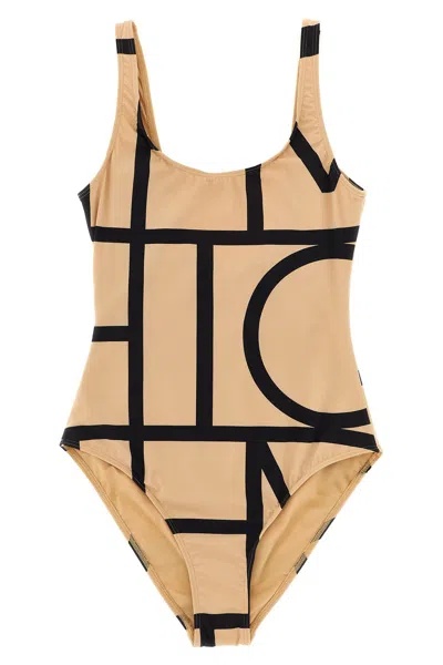 Totême Beige Stretch Jersey Monogram One-piece Swimsuit In Neutral