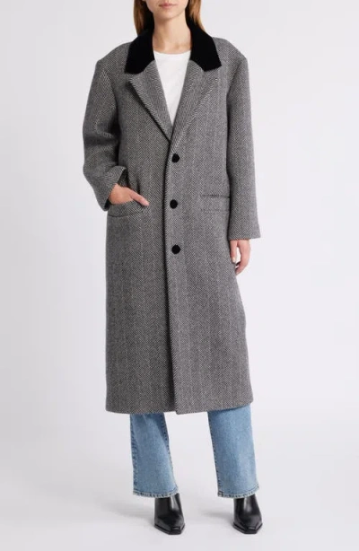 Frame Herringbone Wool Blend Longline Coat In Gray
