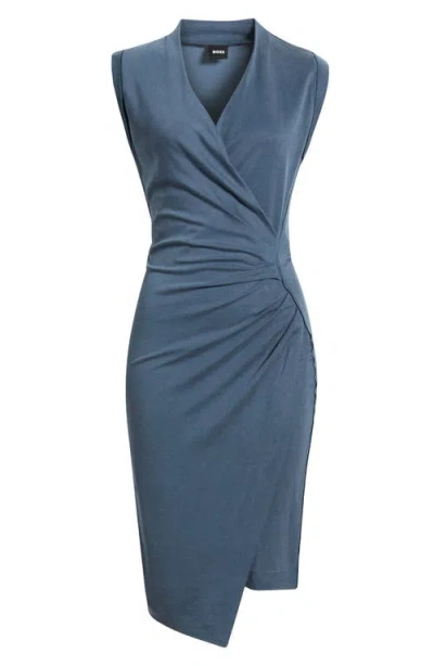 Hugo Boss Wrap-front Dress With Gathered Details In Blue