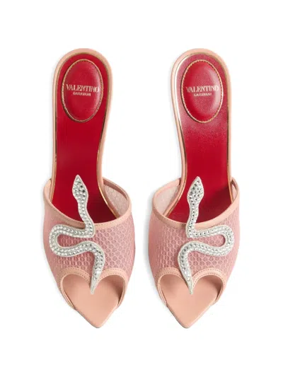 Valentino Garavani 105mm Embellished Snake Leather Mesh Mule Pumps In Pink