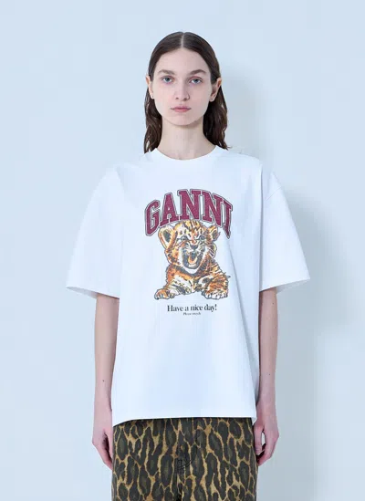 Ganni Womens Bright White Tiger-print Round-neck Cotton-jersey T-shirt Xl