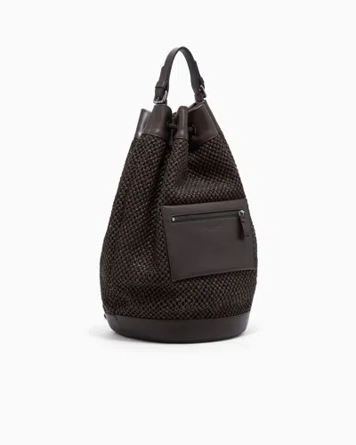 Giorgio Armani Raffia And Leather Backpack In Brown