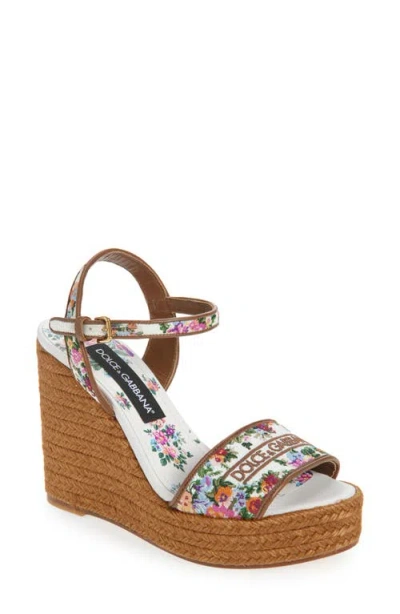 Dolce & Gabbana Leather-trimmed Embroidered Canvas Platform Wedge Sandals In Brown