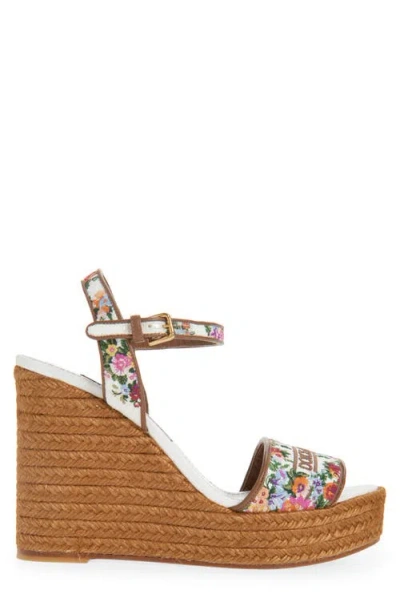 Dolce & Gabbana Leather-trimmed Embroidered Canvas Platform Wedge Sandals In Brown