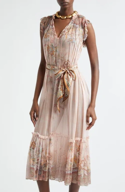 Zimmermann Alchemy Belted Paisley-print Chiffon Midi Dress In Pink