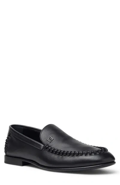 Fendi Men Leather Loafers With Metal Ff Logo In Black