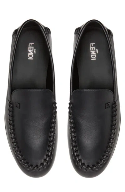 Fendi Men Leather Loafers With Metal Ff Logo In Black