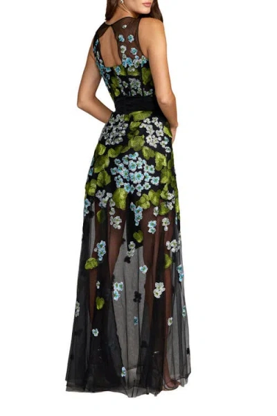 Mac Duggal Sleeveless Mesh Applique Gown With Bow Belt In Black