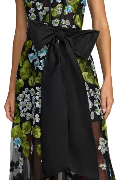 Mac Duggal Sleeveless Mesh Applique Gown With Bow Belt In Black