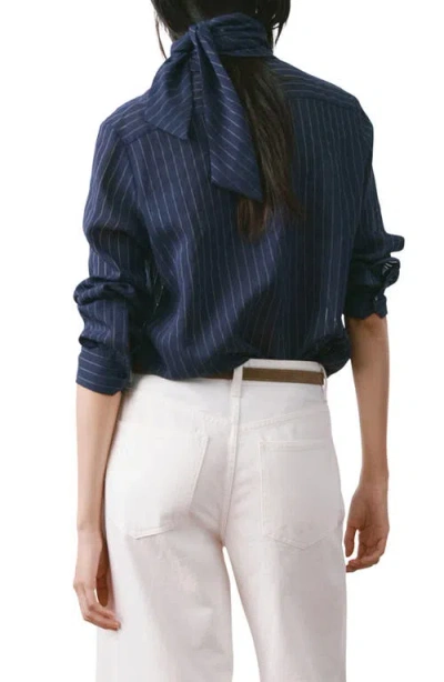 Mango Stripe Tie Neck Top In Blue