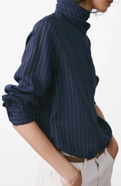 Mango Stripe Tie Neck Top In Blue