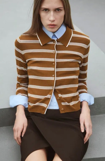 Mango Stripe Collared Cardigan In Brown