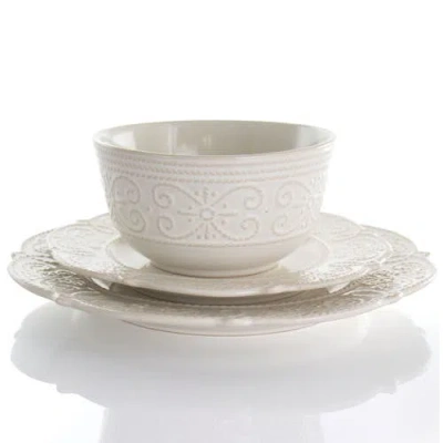 Elama Luna 16 Piece Embossed Scalloped Stoneware Dinnerware Set In White In White