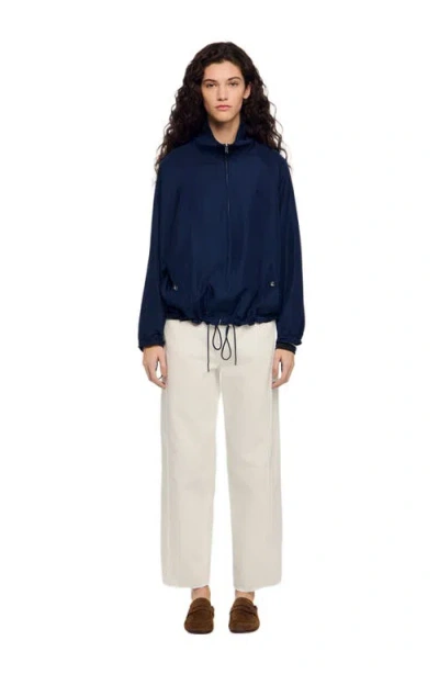 Sandro Stand Collar Oversized Jacket In Blue