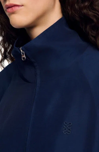 Sandro Stand Collar Oversized Jacket In Blue