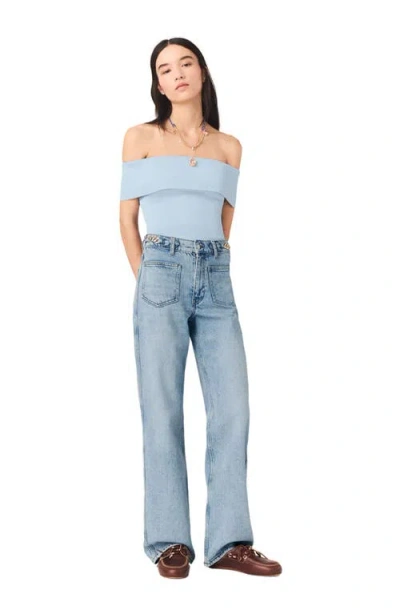 Maje Womens Blue Sky Ribbed Bardot-neck Stretch-knit Top In Blue