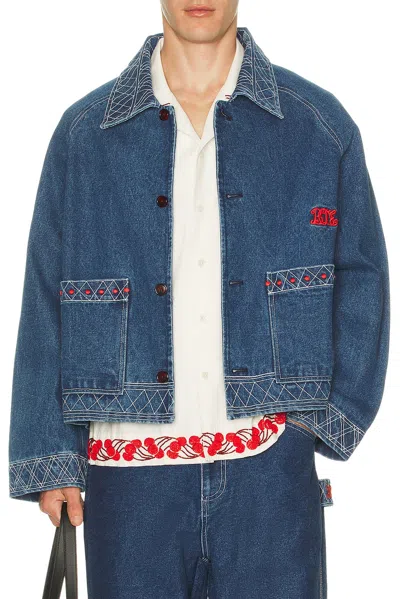 Bode Embroidered Merino Wool-blend Denim Jacket In Blue