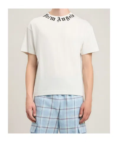 Palm Angels Black Neck Logo Regular Cotton T-shirt In White