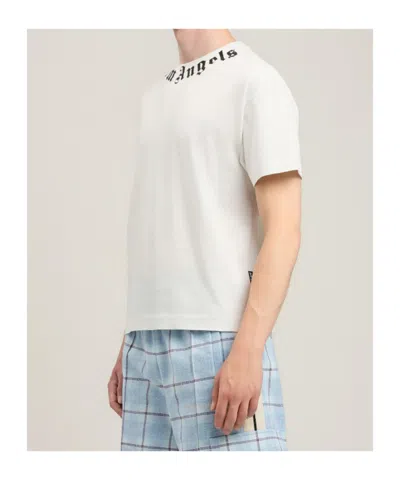 Palm Angels Black Neck Logo Regular Cotton T-shirt In White