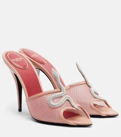 Valentino Garavani 105mm Embellished Snake Leather Mesh Mule Pumps In Pink