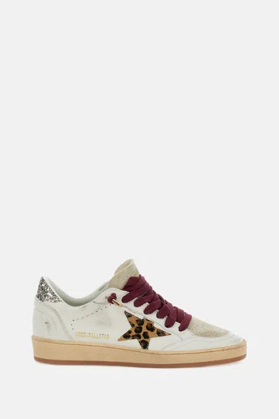 Golden Goose Ballstar White Low Top Sneakers With Glittered Star Patch On The Side And Glittered Heel With Logo L In Multi