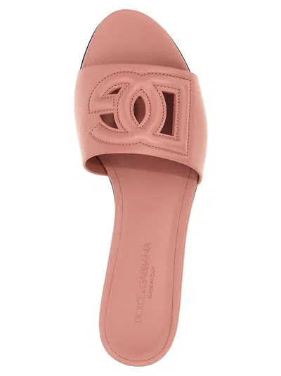 Dolce & Gabbana Women Pink Slide Sandals With Cut Out Logo In Leather Woman