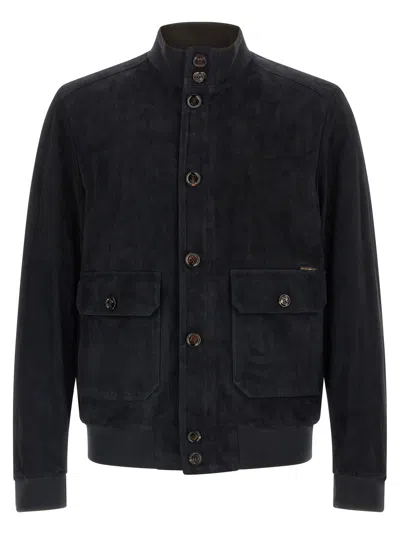 Moorer Blue Solid Mandarin Collar Jacket In Blue
