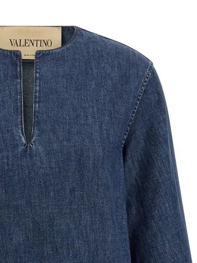 Valentino Vlogo Signature Denim Dress Three Quarter Sleeves In Blue