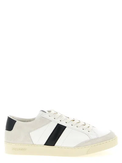 Tom Ford Panelled Suede And Grained Leather Sneakers In White