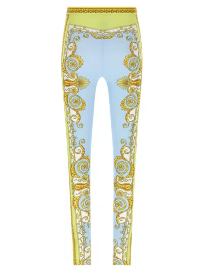 Versace Blue Leggings With All-over Geometric Print In Stretch Fabric Woman In Multi