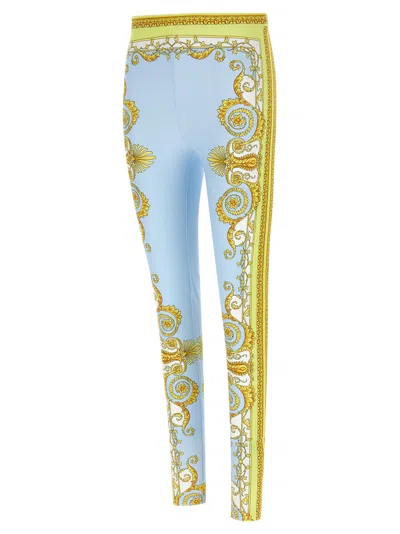 Versace Blue Leggings With All-over Geometric Print In Stretch Fabric Woman In Multi