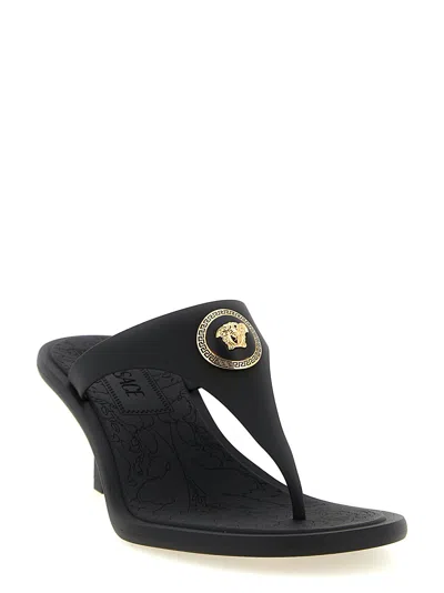 Versace Kitten Heel Thong Sandals With Medusa Detail In Black