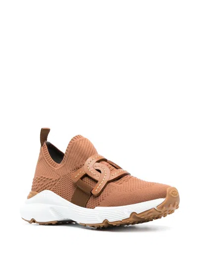 Tod's Modern Knitted Sneakers With Textured Finish In Brown