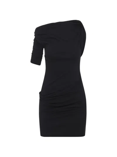 Jacquemus Asymmetrical One-shoulder Bodycon Mini Dress With Ruched Sleeve In Black
