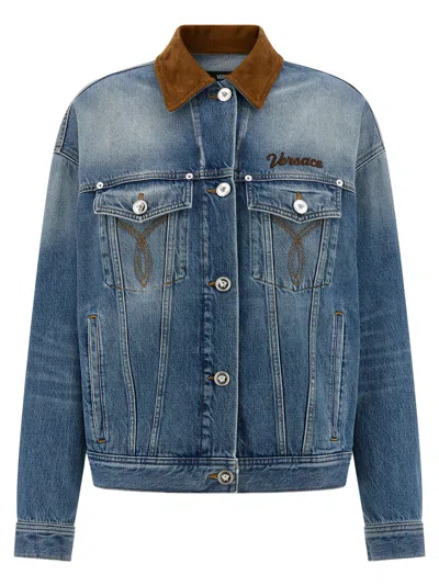 Versace Denim Overwashed Jacket With Embroidered-logo In Blue