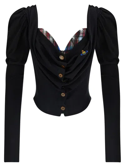 Vivienne Westwood Bea Checked Cotton-trimmed Embroidered Wool And Silk-blend Cardigan In Black