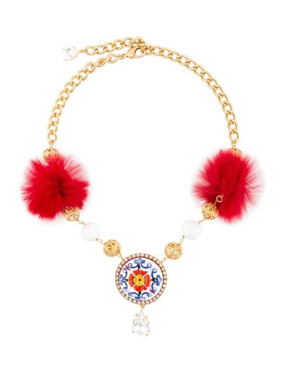 Dolce & Gabbana Majolica Fur And Crystal-embellished Necklace In Metallic