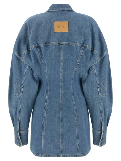 Attico Denim Mini Dress Front Pockets Long Sleeves In Blue