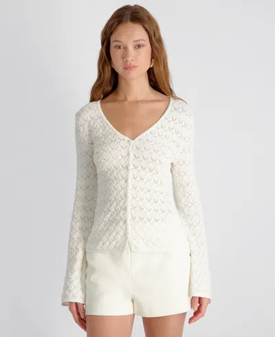 French Connection Mozart Heartleaf Crochet Knit Long Sleeve Flare Top In White