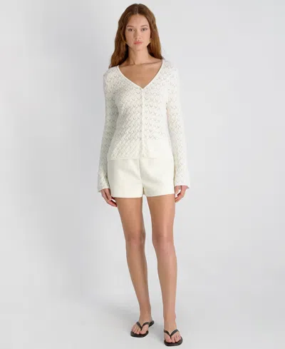 French Connection Mozart Heartleaf Crochet Knit Long Sleeve Flare Top In White