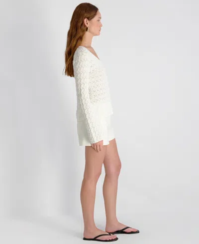French Connection Mozart Heartleaf Crochet Knit Long Sleeve Flare Top In White