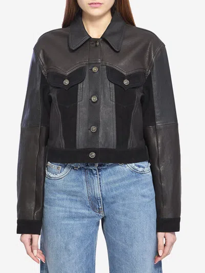 Versace Structured Leather Jacket With Suede Inserts In Black