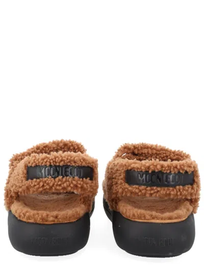 Moon Boot Shearling Sandals With Thick Sole In Brown