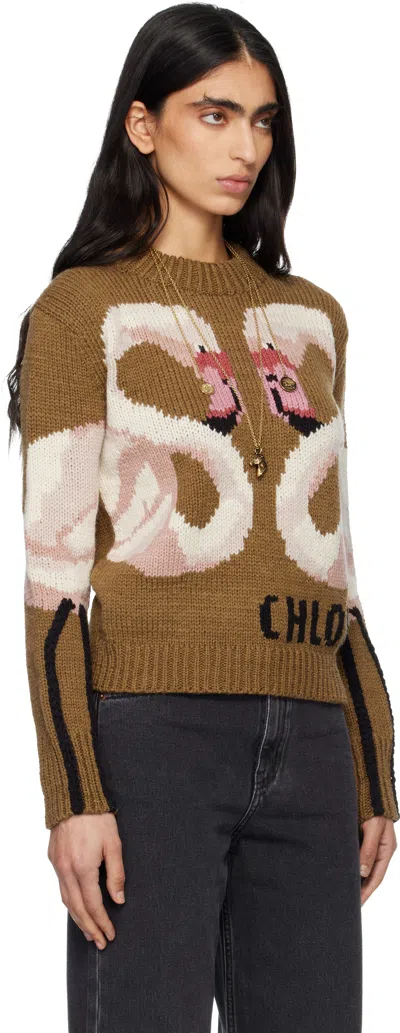 Chloé Hand Knit Flamingo Intarsia Wool Crewneck Sweater In Brown