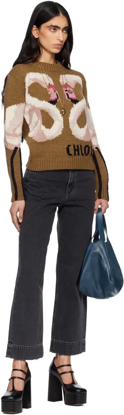 Chloé Hand Knit Flamingo Intarsia Wool Crewneck Sweater In Brown