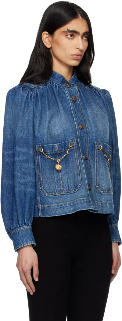 Chloé Blue Jacket With High Neck And Chain Detail On The Front In Denim Woman